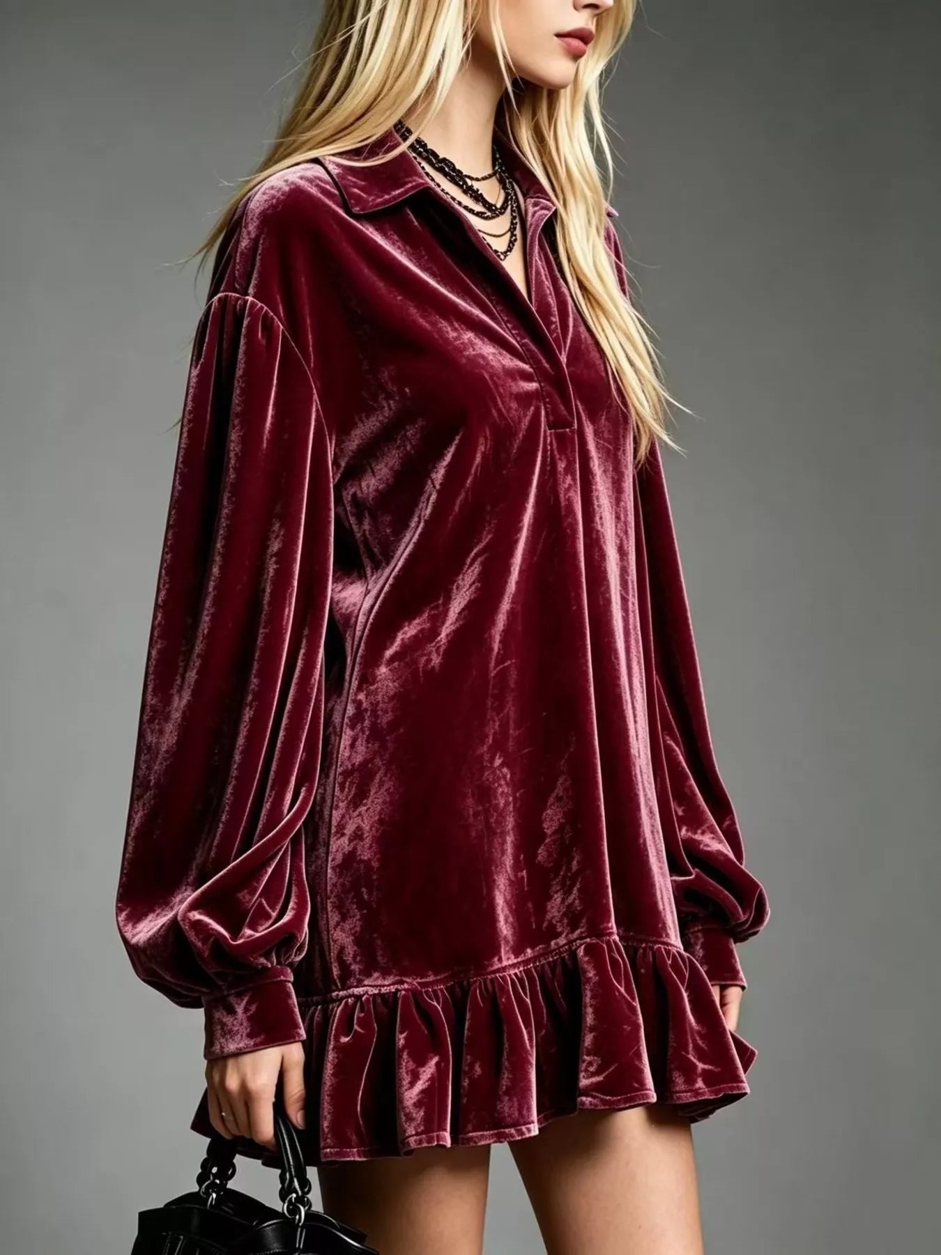 Velvet Ruffled-Hem Long Sleeve Dress
