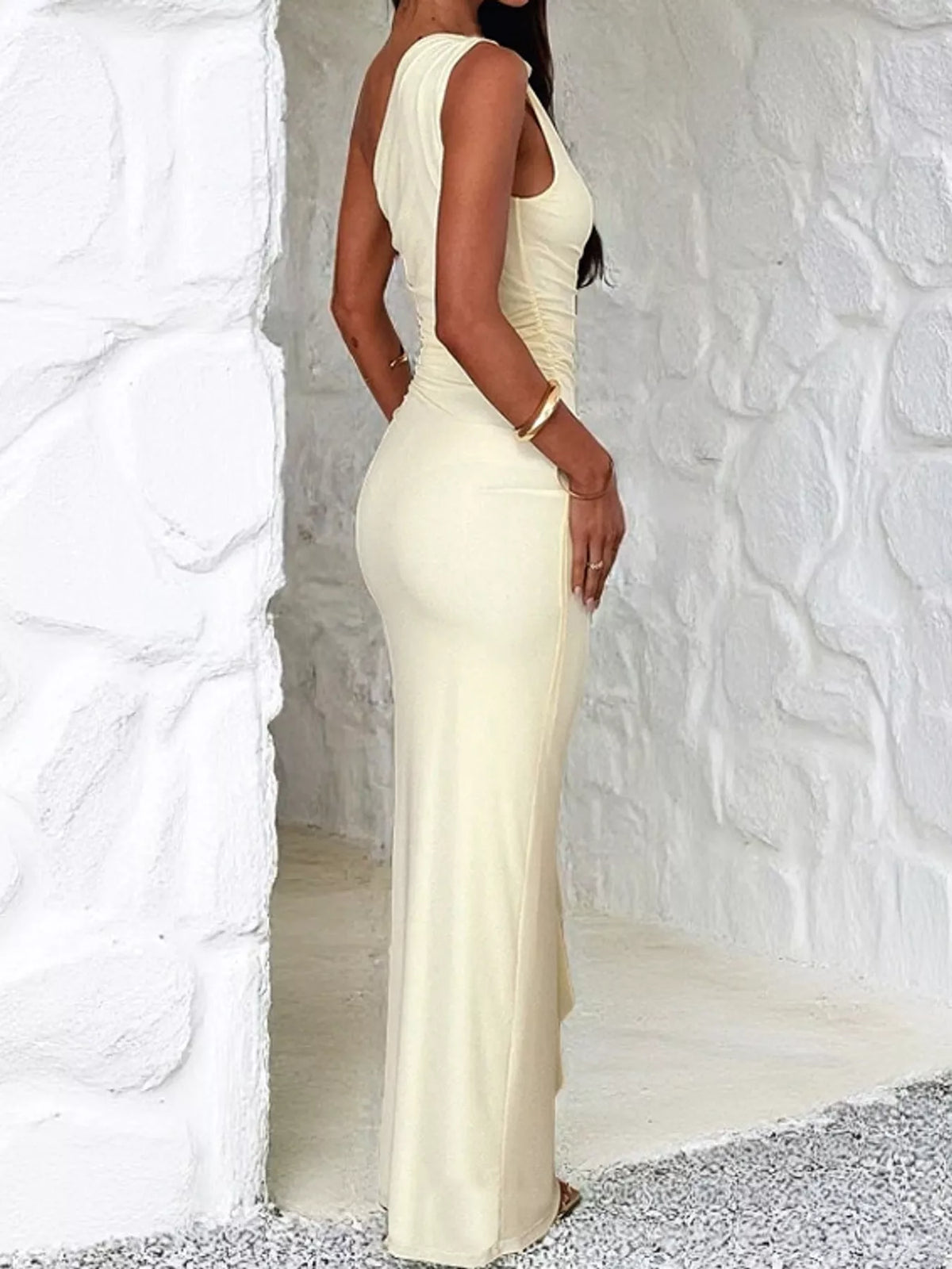 One-Shoulder Ruched Ruffle Hem Maxi Dress