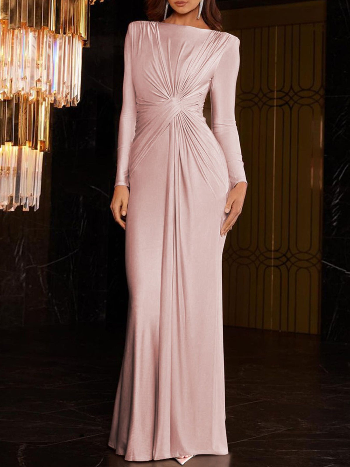 Ruched Knot-Front Long Sleeve Maxi Dress