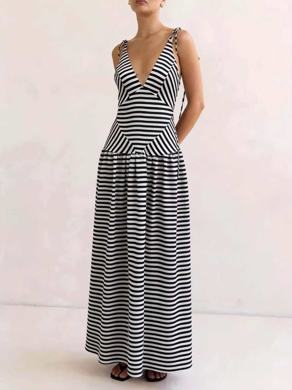 Striped V-Neck Tie-Shoulder Maxi Dress in Black