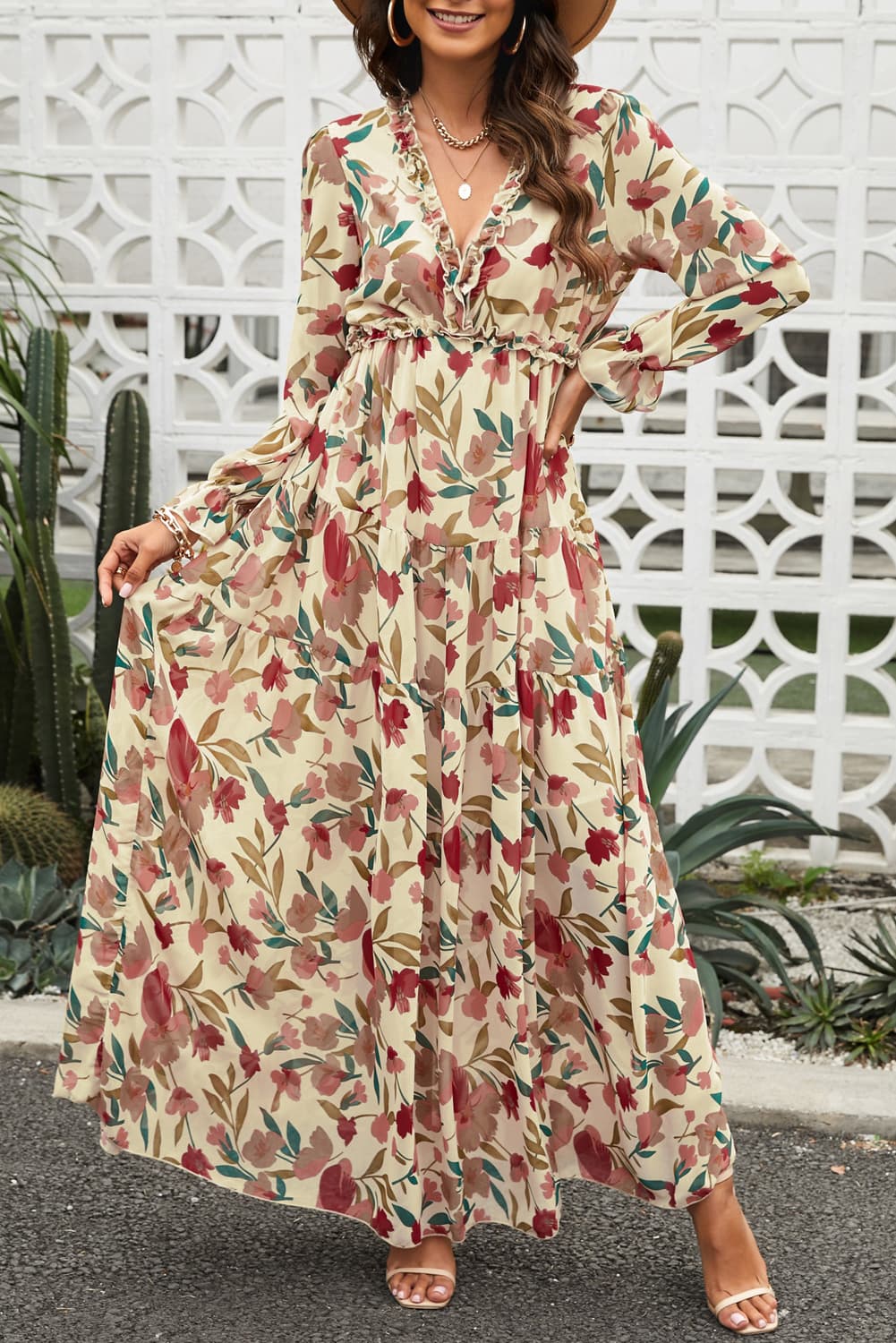 Floral Frill-Trim Plunge Maxi Dress