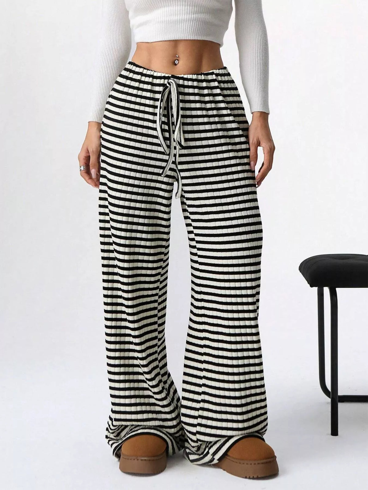 Ribbed Knit Drawstring Wide-Leg Pants