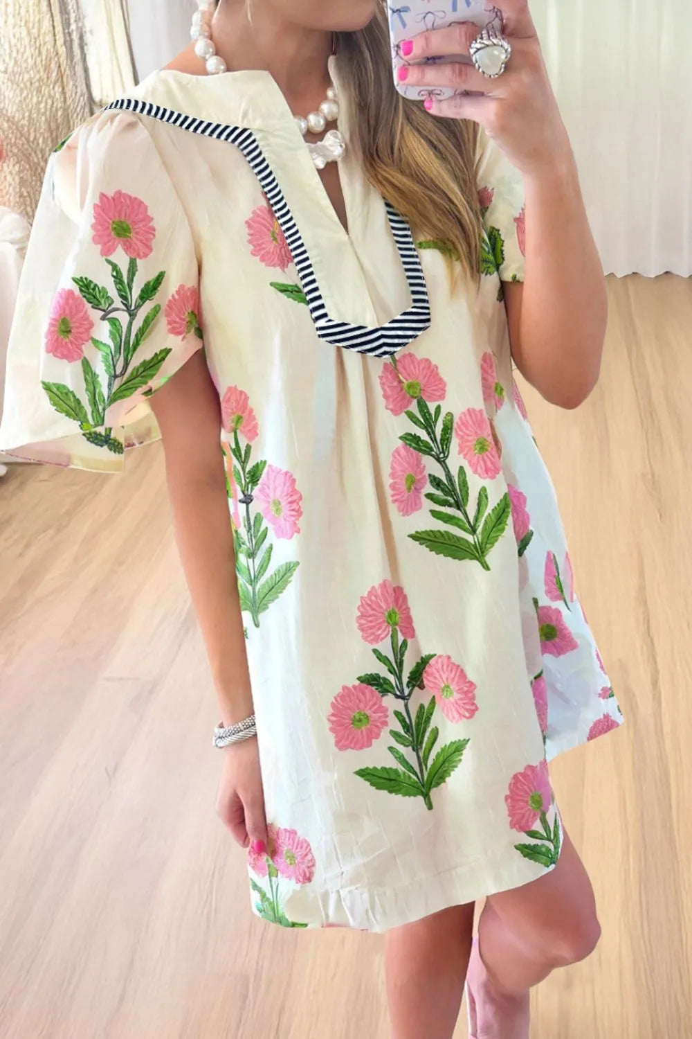 Floral Flutter Sleeve Mini Dress in Cream