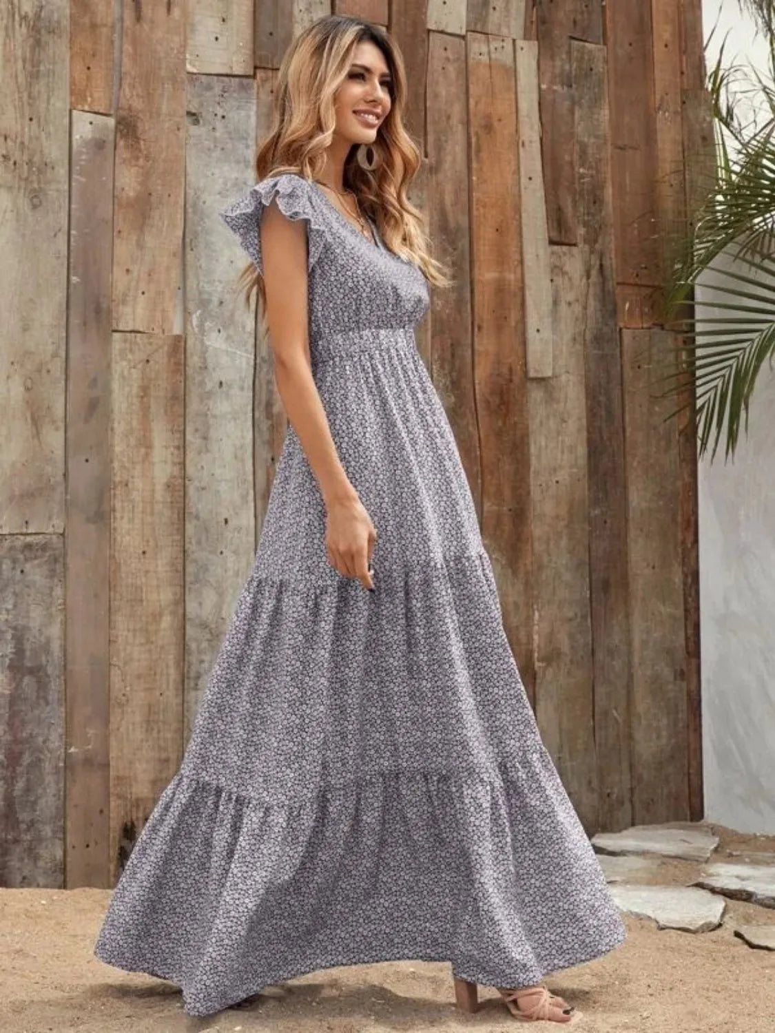Ruffled Cap Sleeve V-Neck Maxi Dress