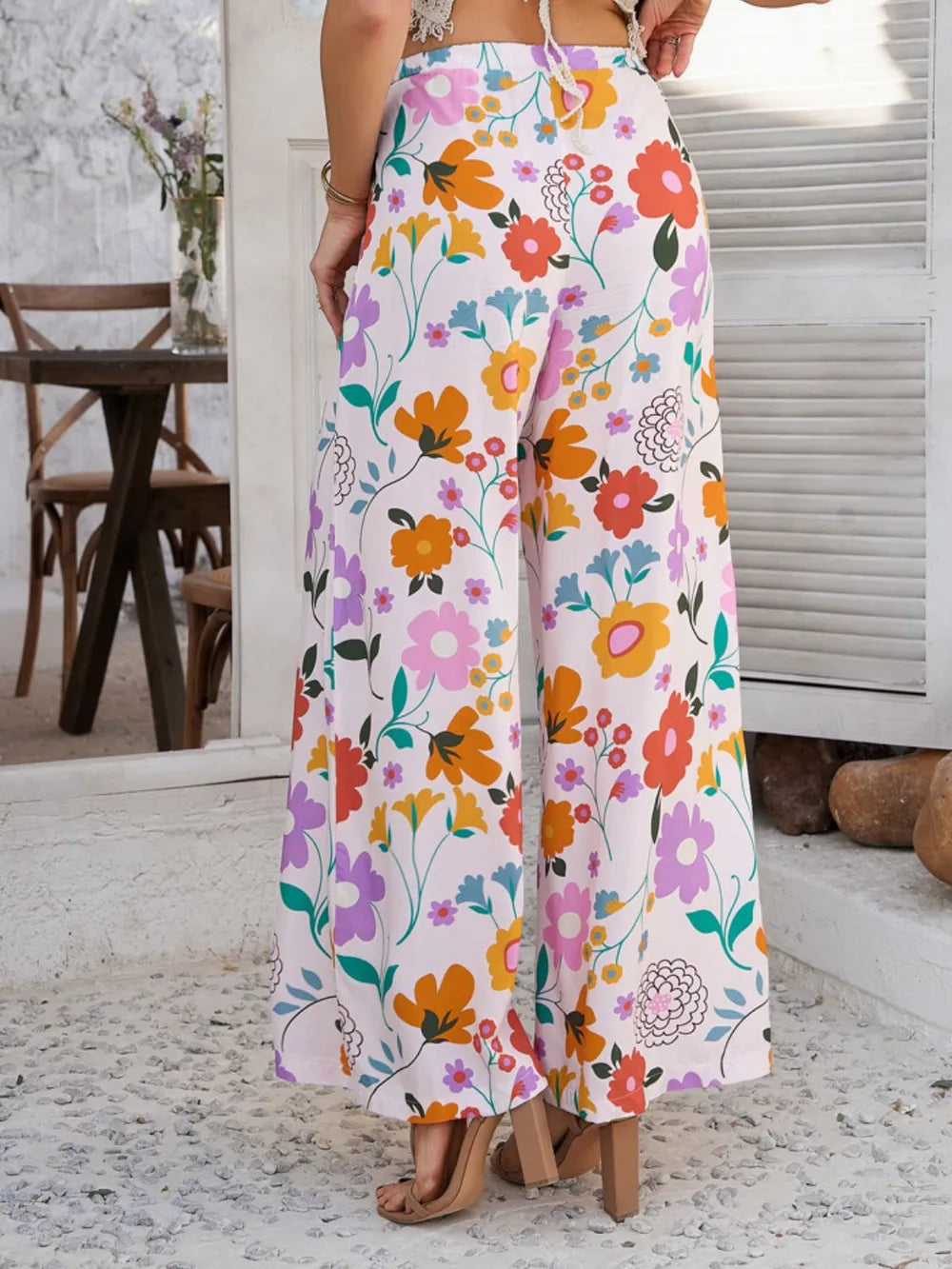 Drawstring Printed Wide Leg Pants
