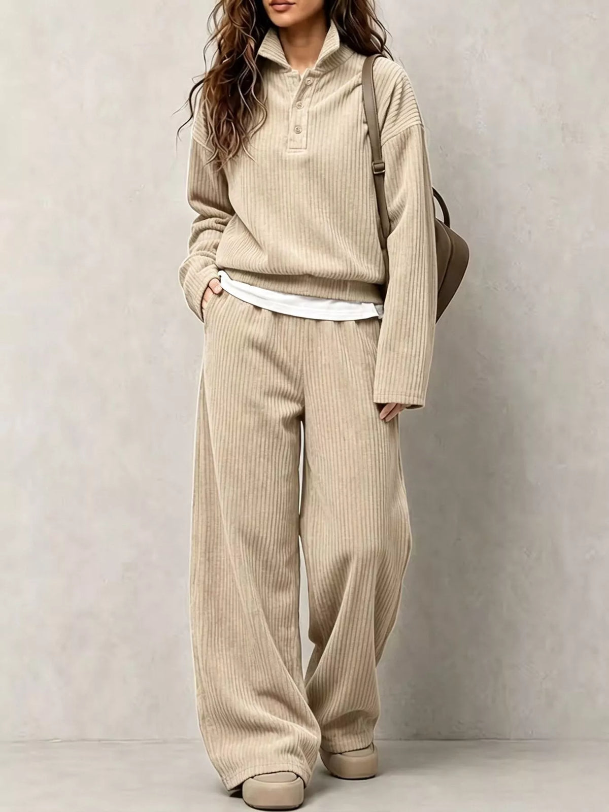 Corduroy Button-Front Top and Wide Leg Pants Set