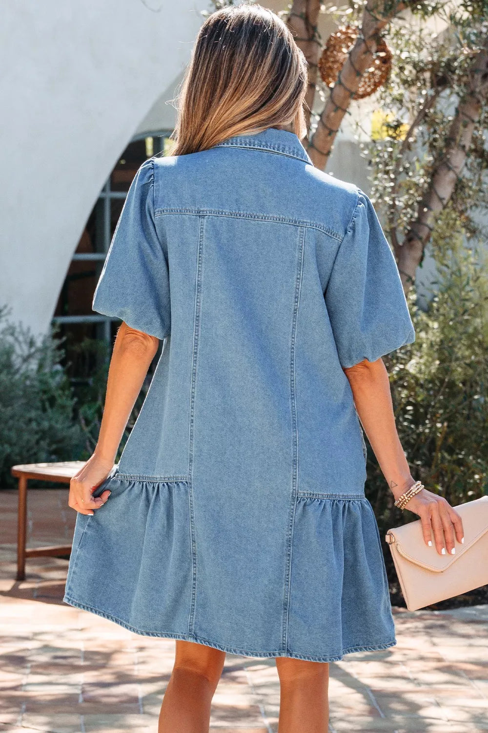 Puff Sleeve Ruffle Hem Denim Shirt Dress in Light Blue