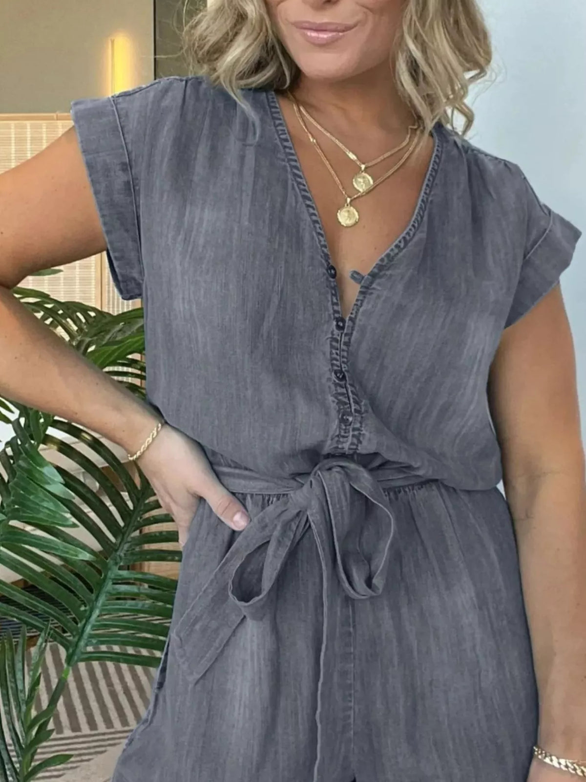 Tie Waist Cap Sleeve Romper