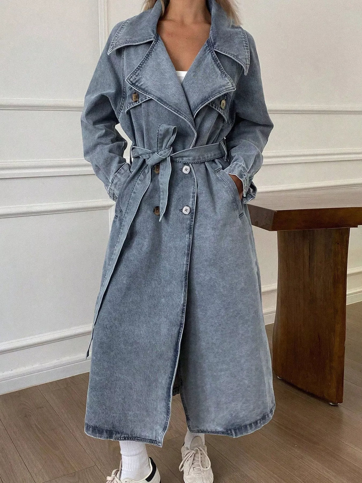 Longline Washed Denim Trench Jacket in Blue