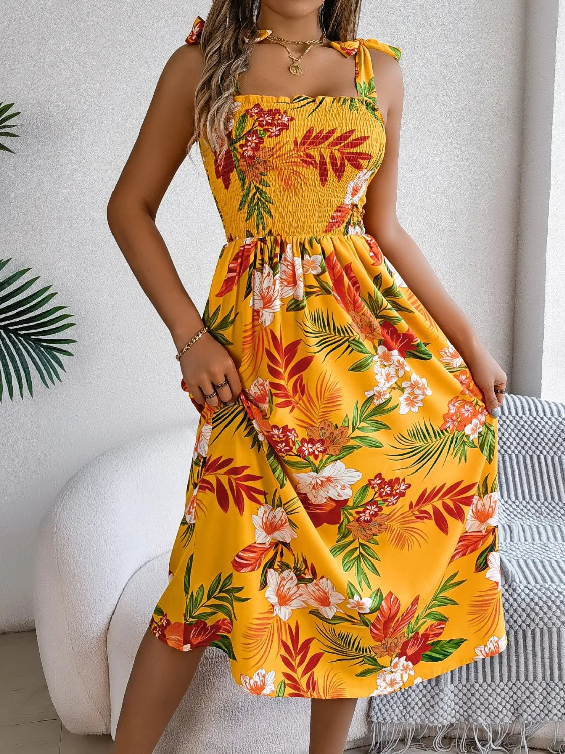 Smocked Floral Tie-Shoulder Midi Dress
