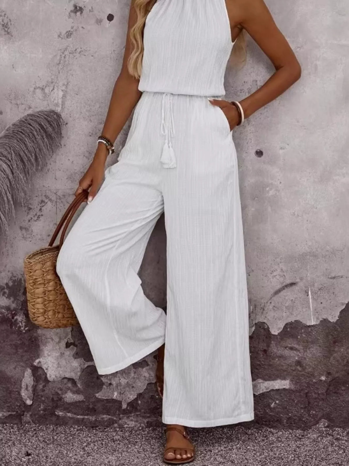 Tasseled Sleeveless Wide Leg Jumpsuit