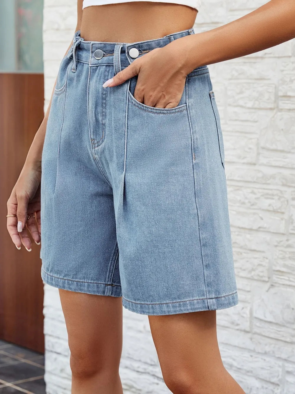 High Waist Button-Front Denim Shorts with Pockets by Manny