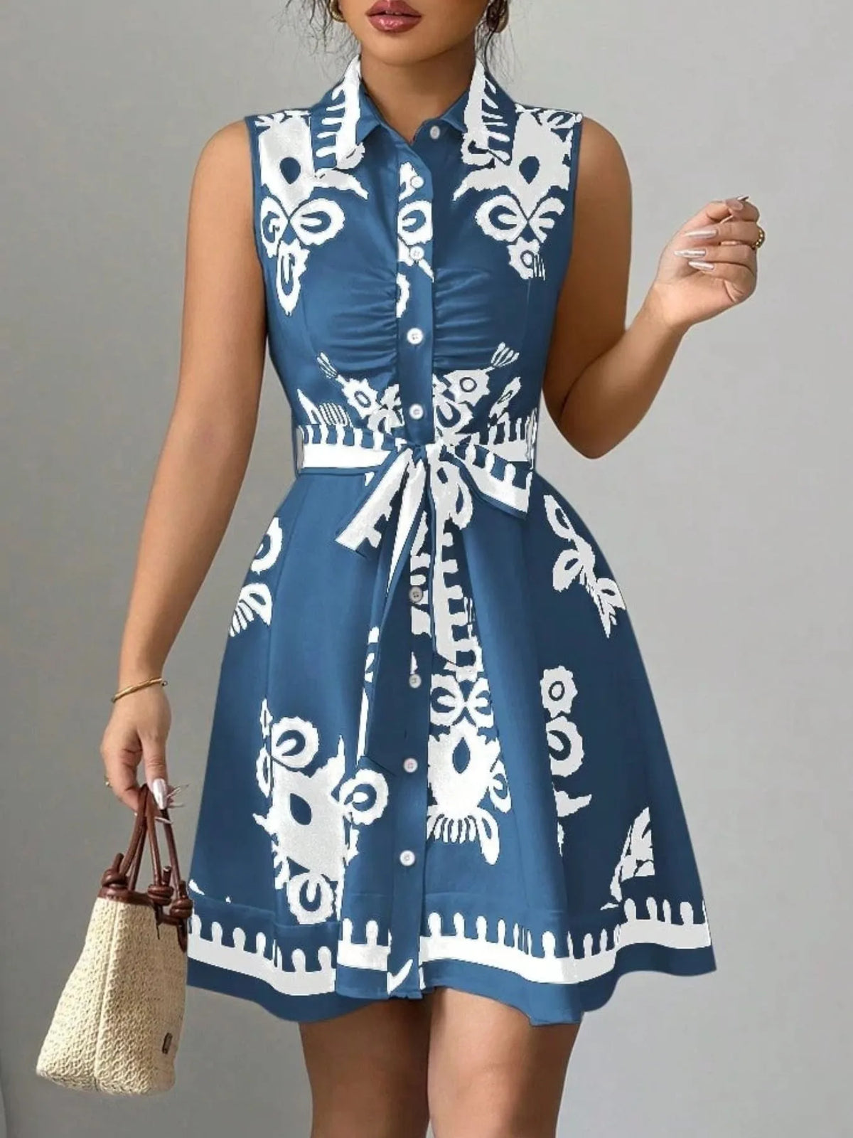 Printed Sleeveless Tie-Waist Mini Dress