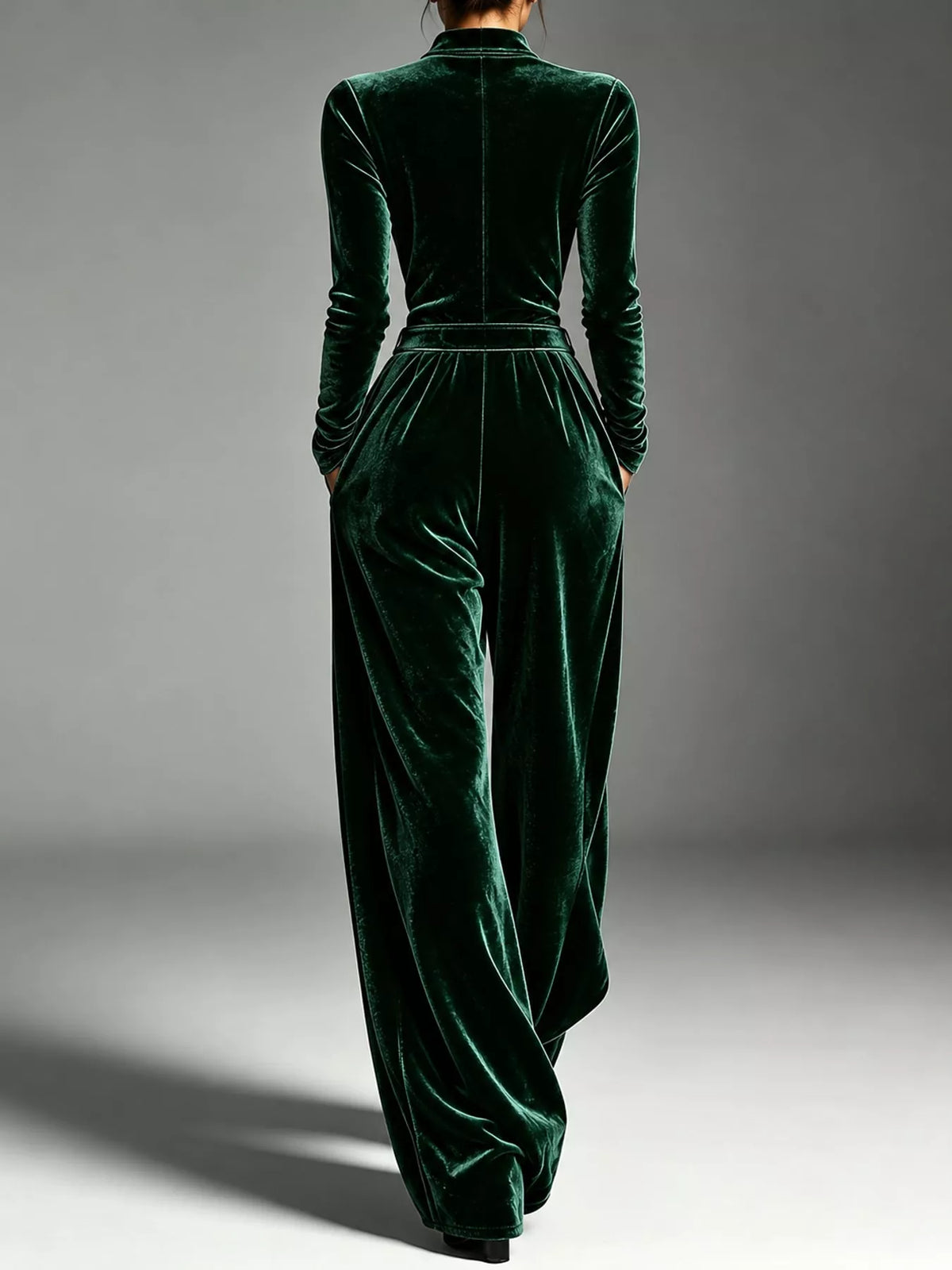 Velvet Zip-Up Jumpsuit with Tie Waist