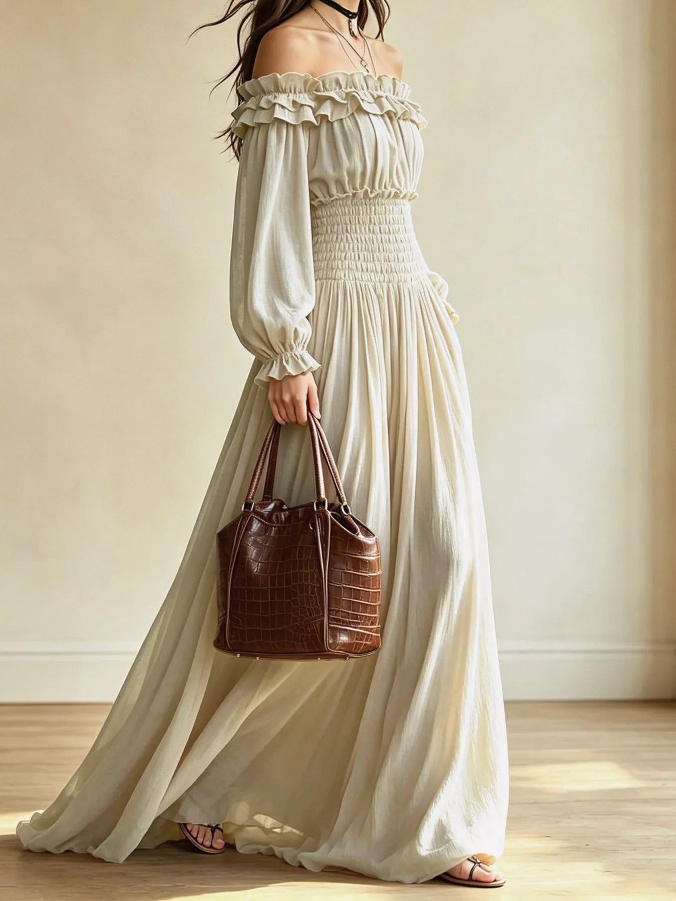 Off-Shoulder Smocked-Waist Maxi Dress
