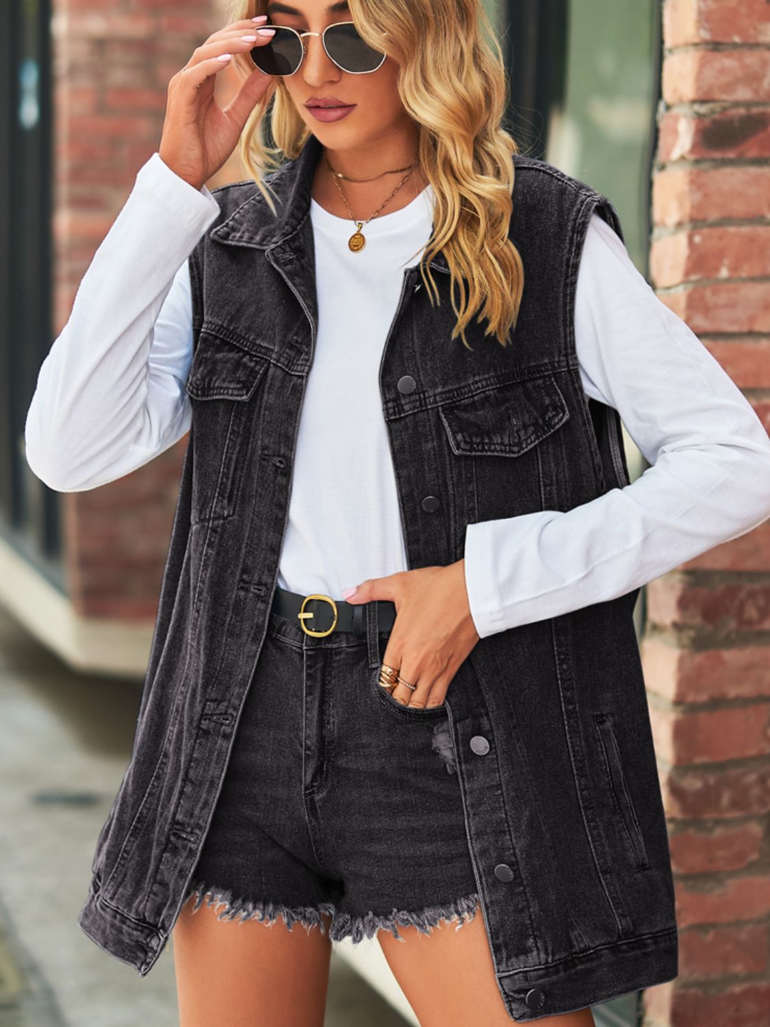 Sleeveless Collared Denim Top with Pockets by Moni Wear
