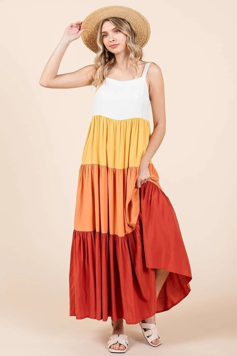 Color Block Tiered Maxi Dress in Apricot Multi by Mittoshop
