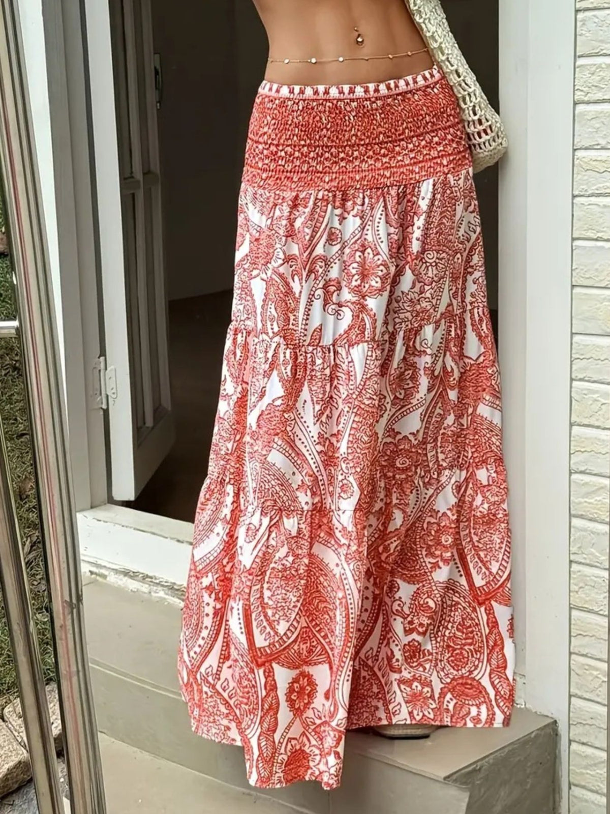 Smocked Paisley Print Maxi Skirt
