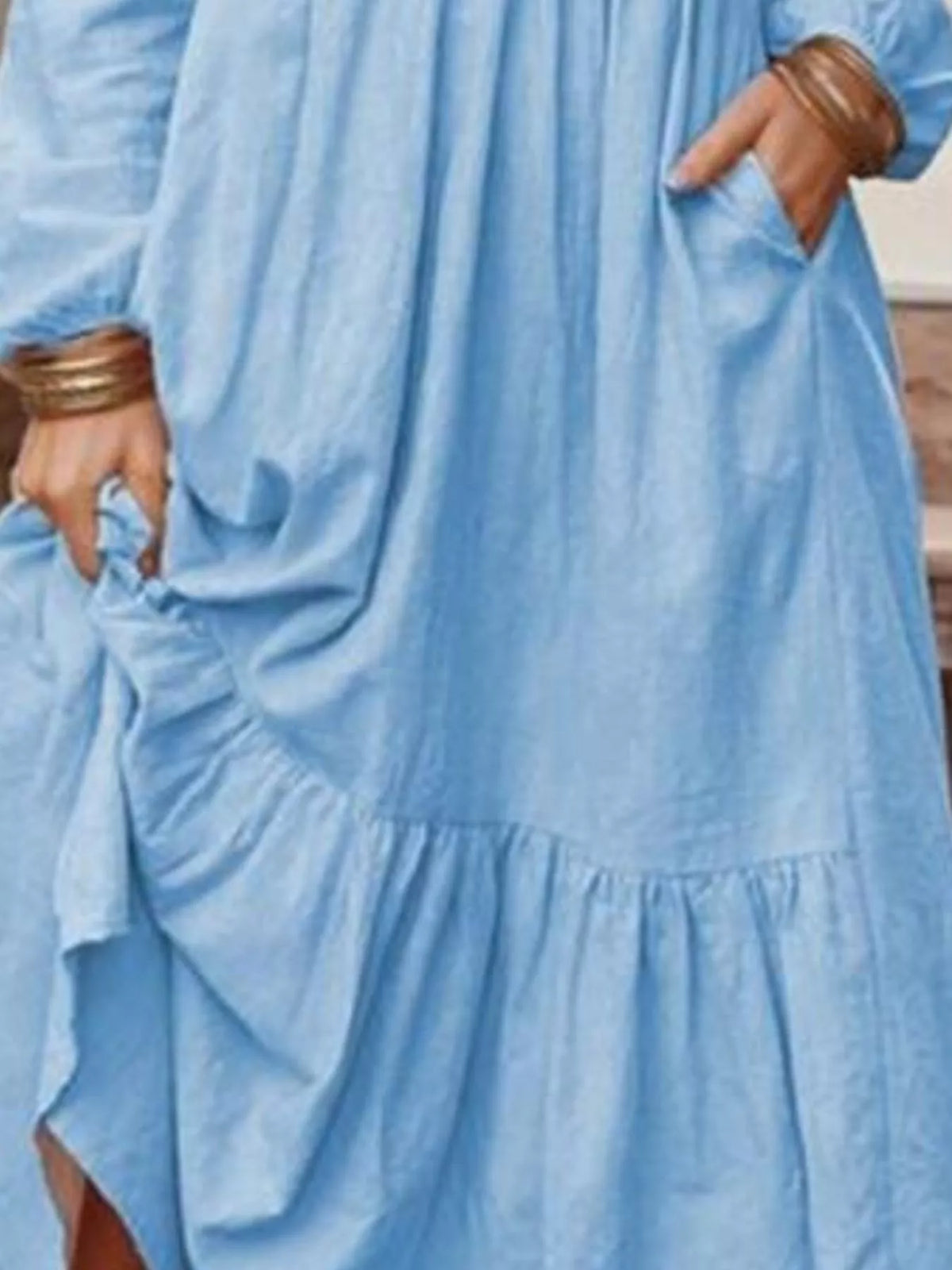 V-Neck Long Sleeve Tiered Maxi Dress with Pockets