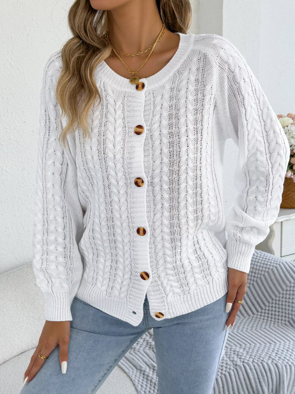 Cable-Knit Button-Front Cardigan by Clise