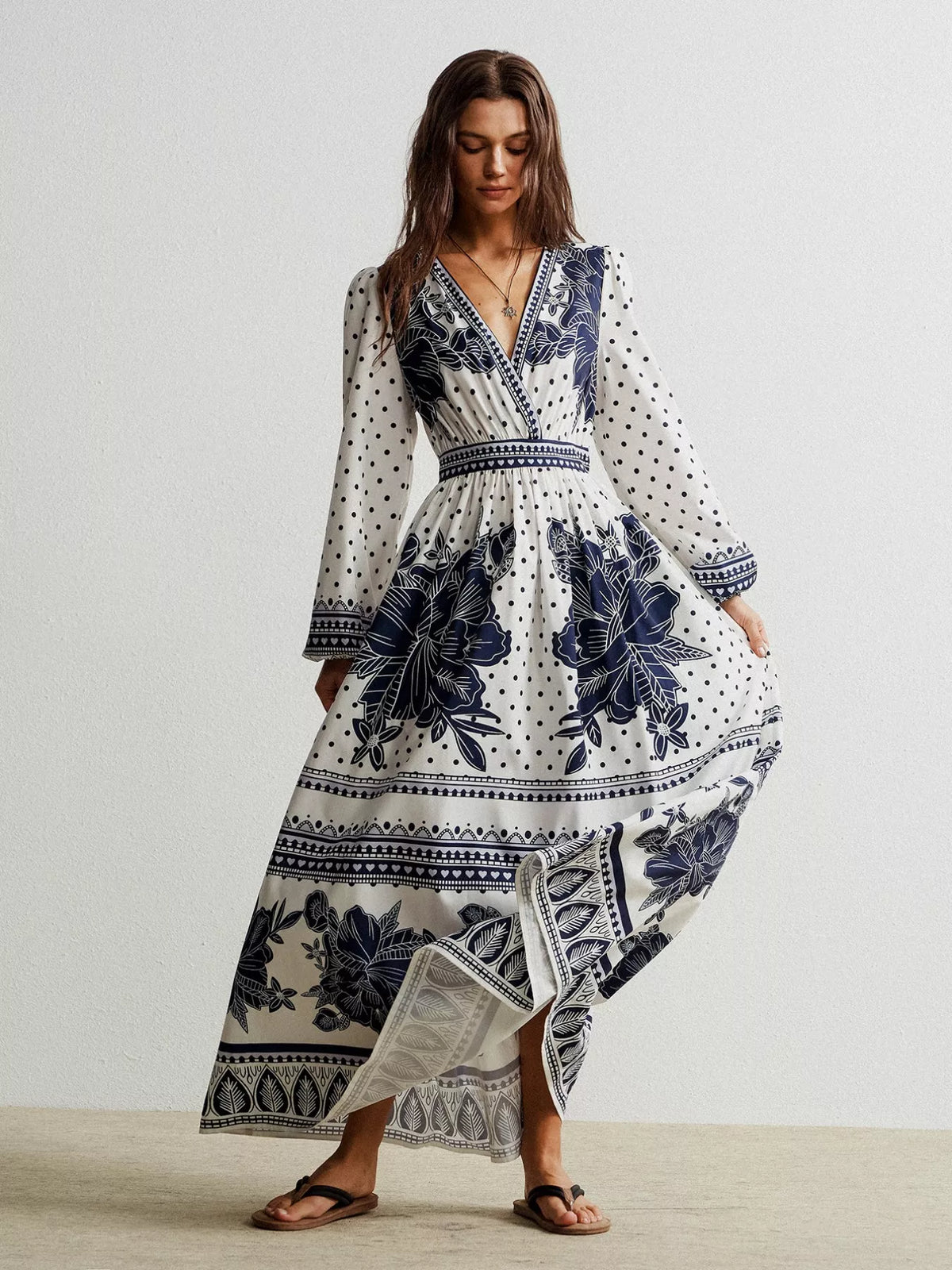 Ruched Floral Long Sleeve Maxi Dress in Indigo
