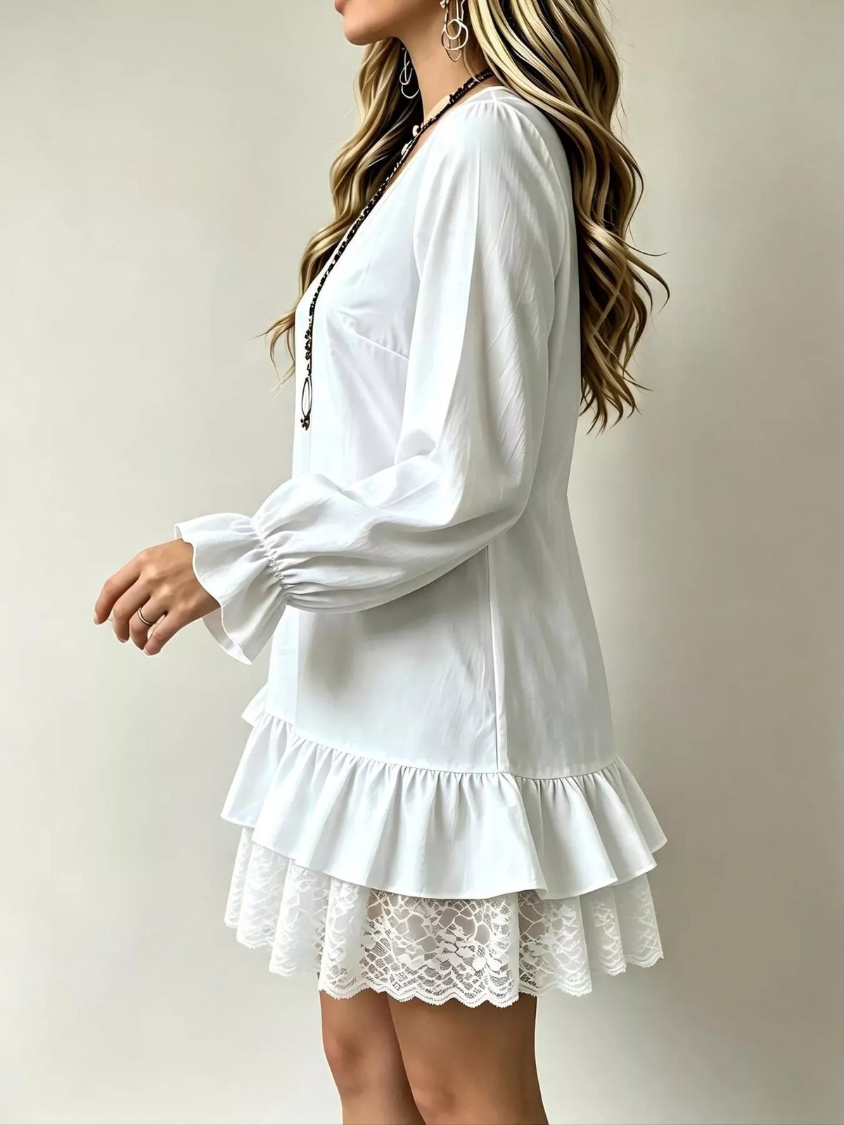 Lace Hem Flounce Sleeve Dress