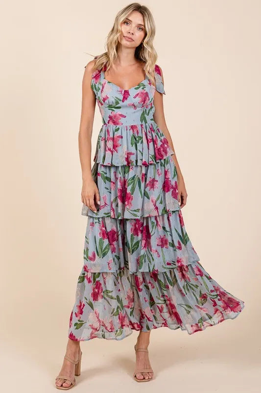 Floral Sweetheart Neck Maxi Dress in Dusty Blue by Mittoshop