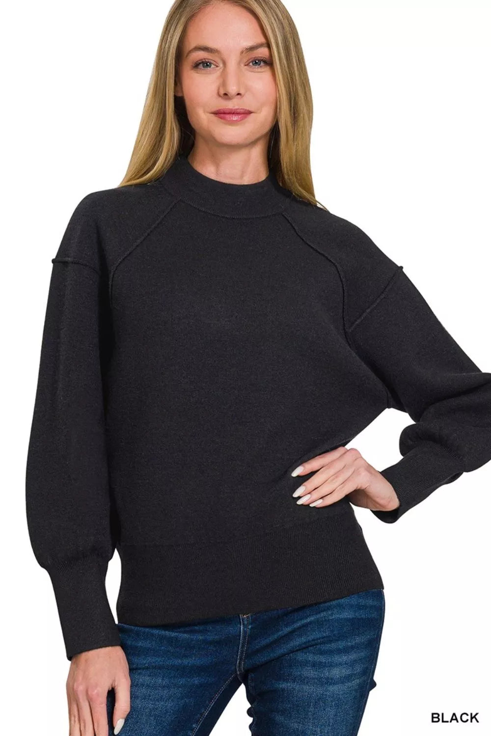 Zenana Mock Neck Exposed Seam Sweater in Black