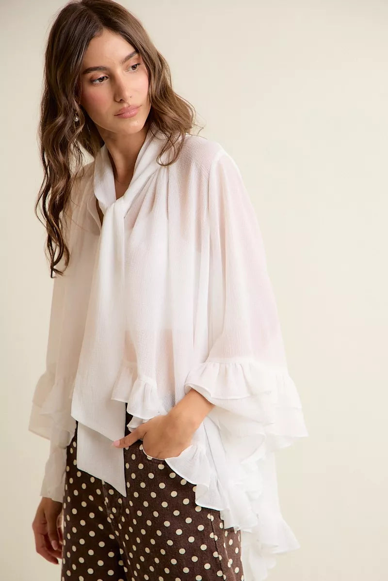 So Me Sheer Ruffle Bell-Sleeve Blouse in White