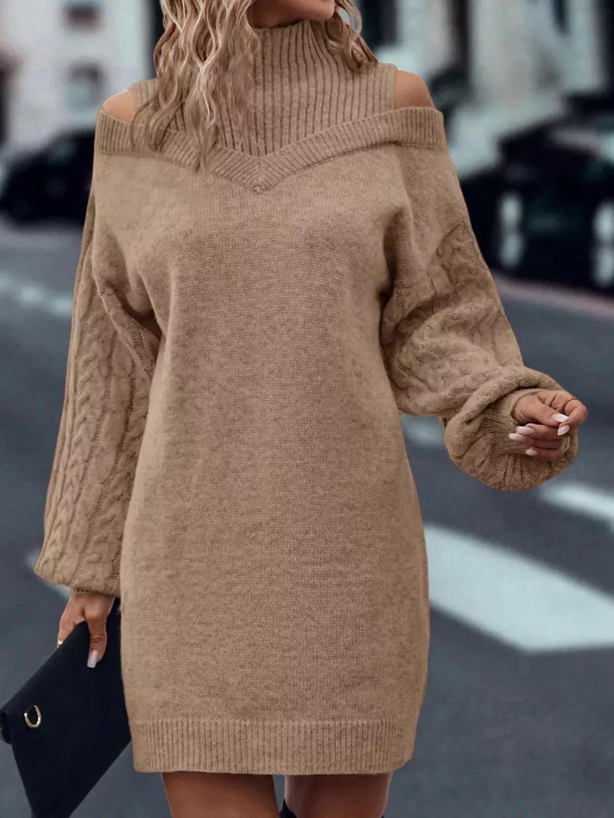Cable-Knit Cold-Shoulder Mock-Neck Sweater Dress
