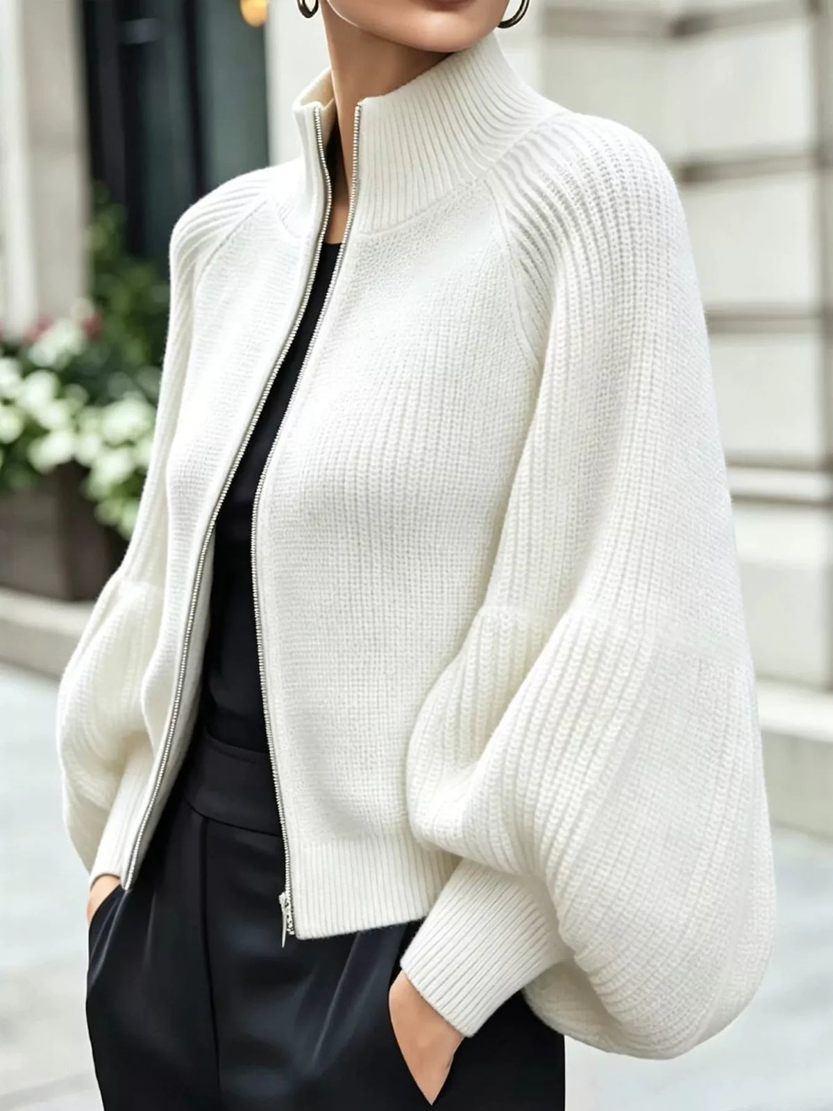 Ribbed Knit Zip-Up Cardigan with Lantern Sleeves