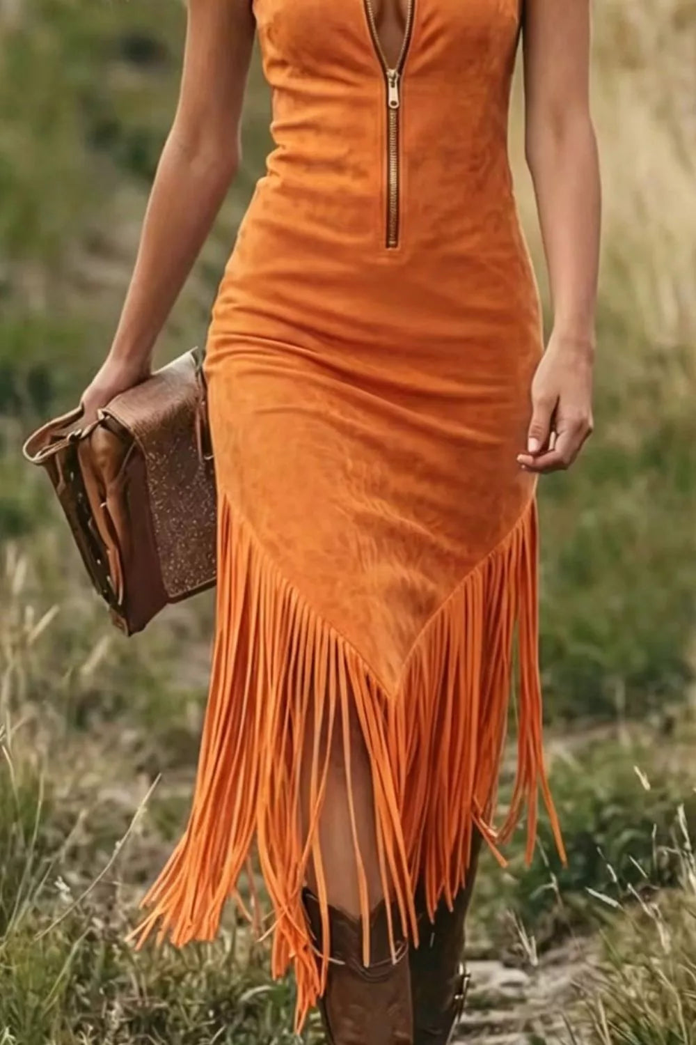 Fringe Zip-Front Sleeveless Dress