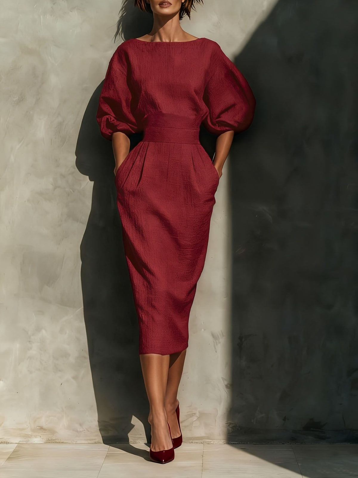 Round Neck Puff Sleeves Midi Dress