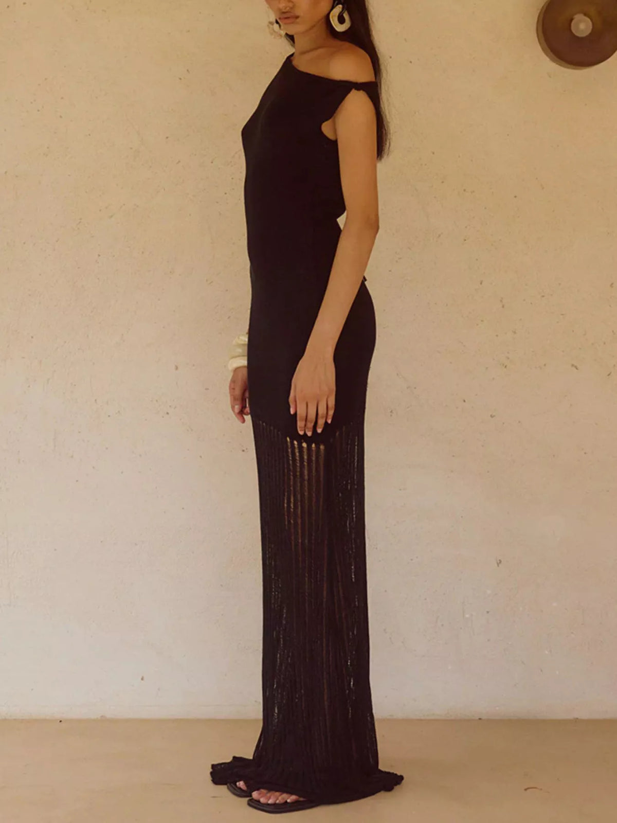One-Shoulder Fringe Maxi Dress in Dark Brown