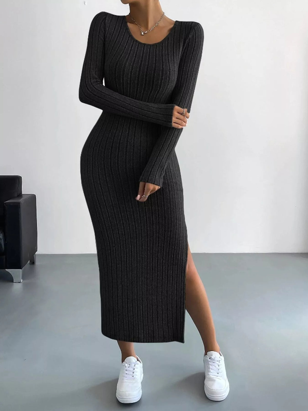 Side Slit Ribbed Knit Dress