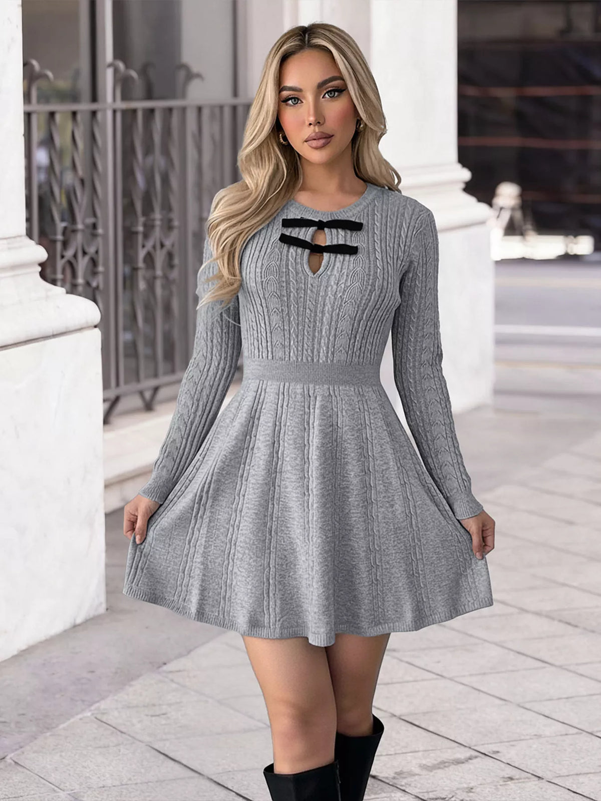 Cable Knit A-Line Sweater Dress in Gray