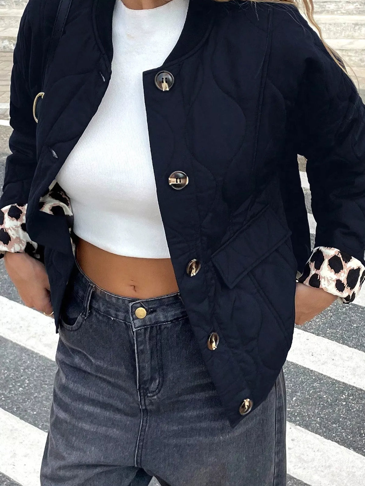 Leopard Cuff Quilted Puffer Jacket in Black