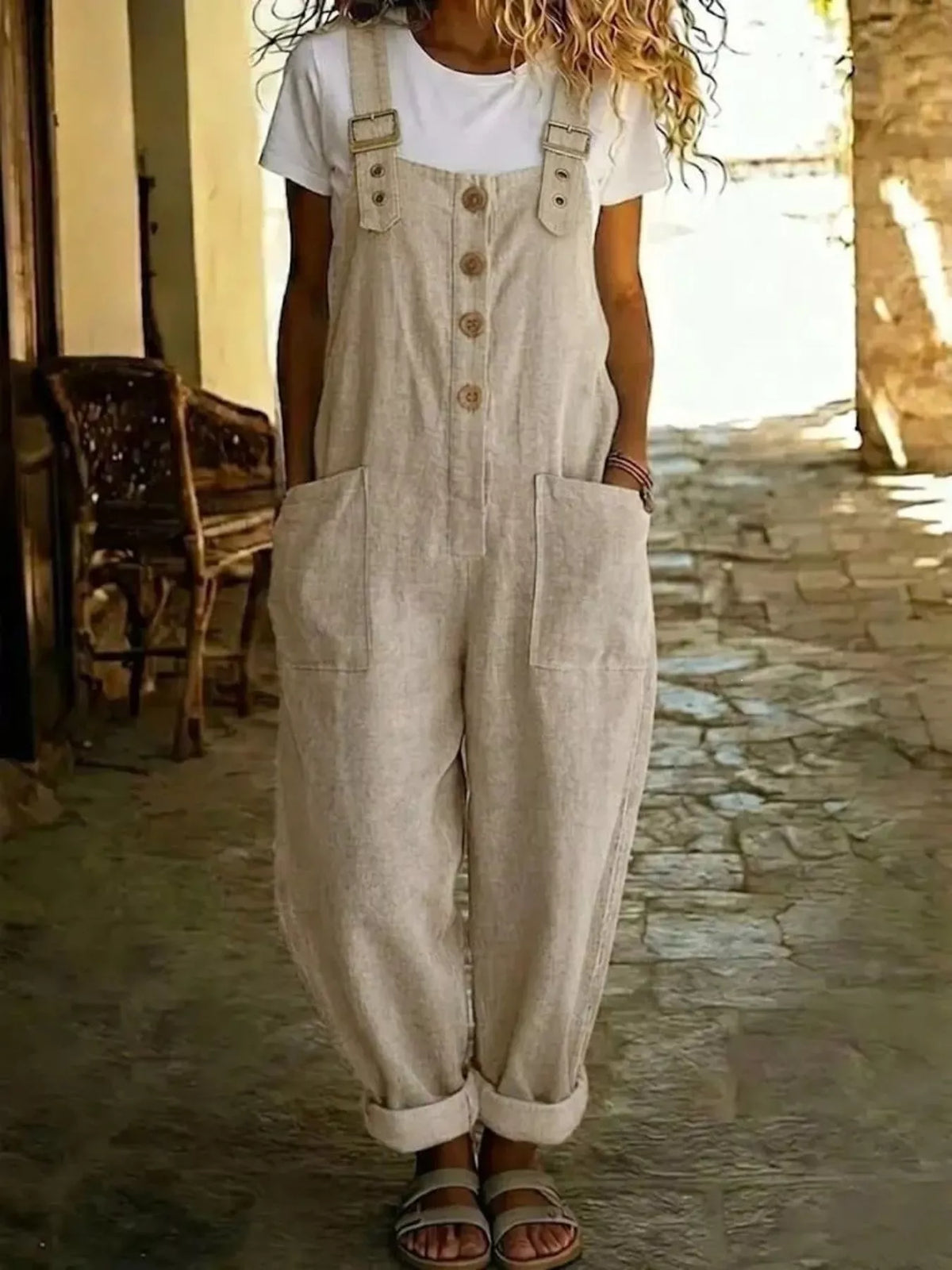 Button Front Wide Leg Overalls