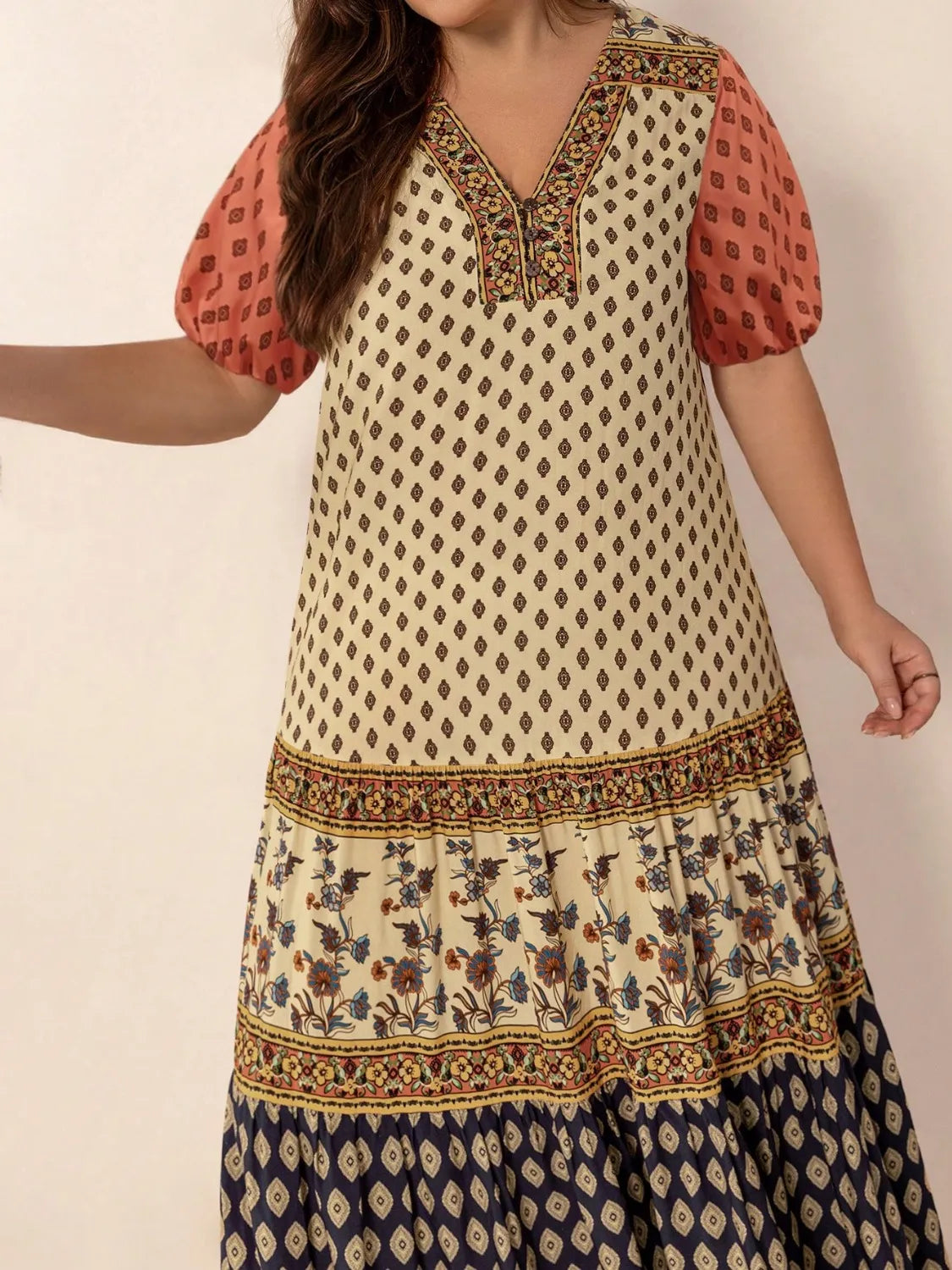 Ruched Short Sleeve Plus Size Midi Dress in Tan