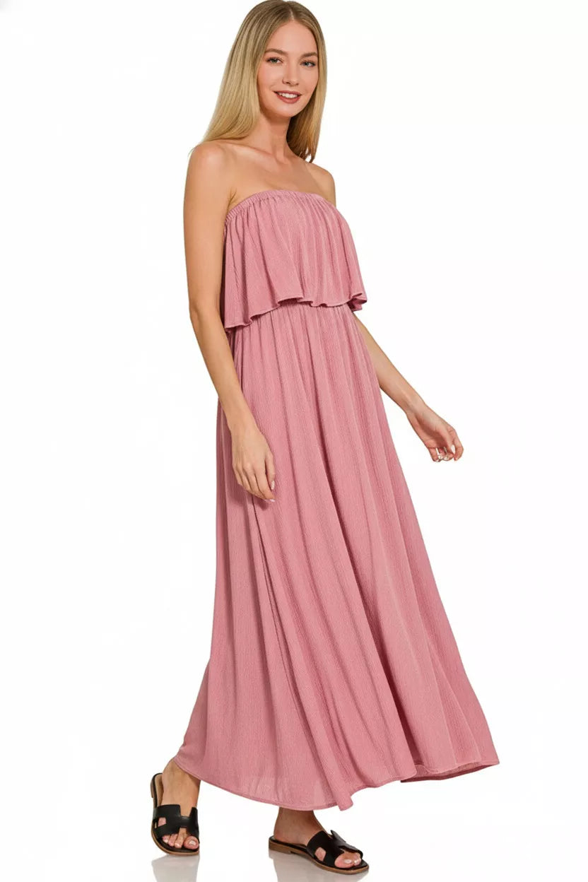 Zenana Crinkle Strapless Maxi Dress in Light Rose in Lt rose