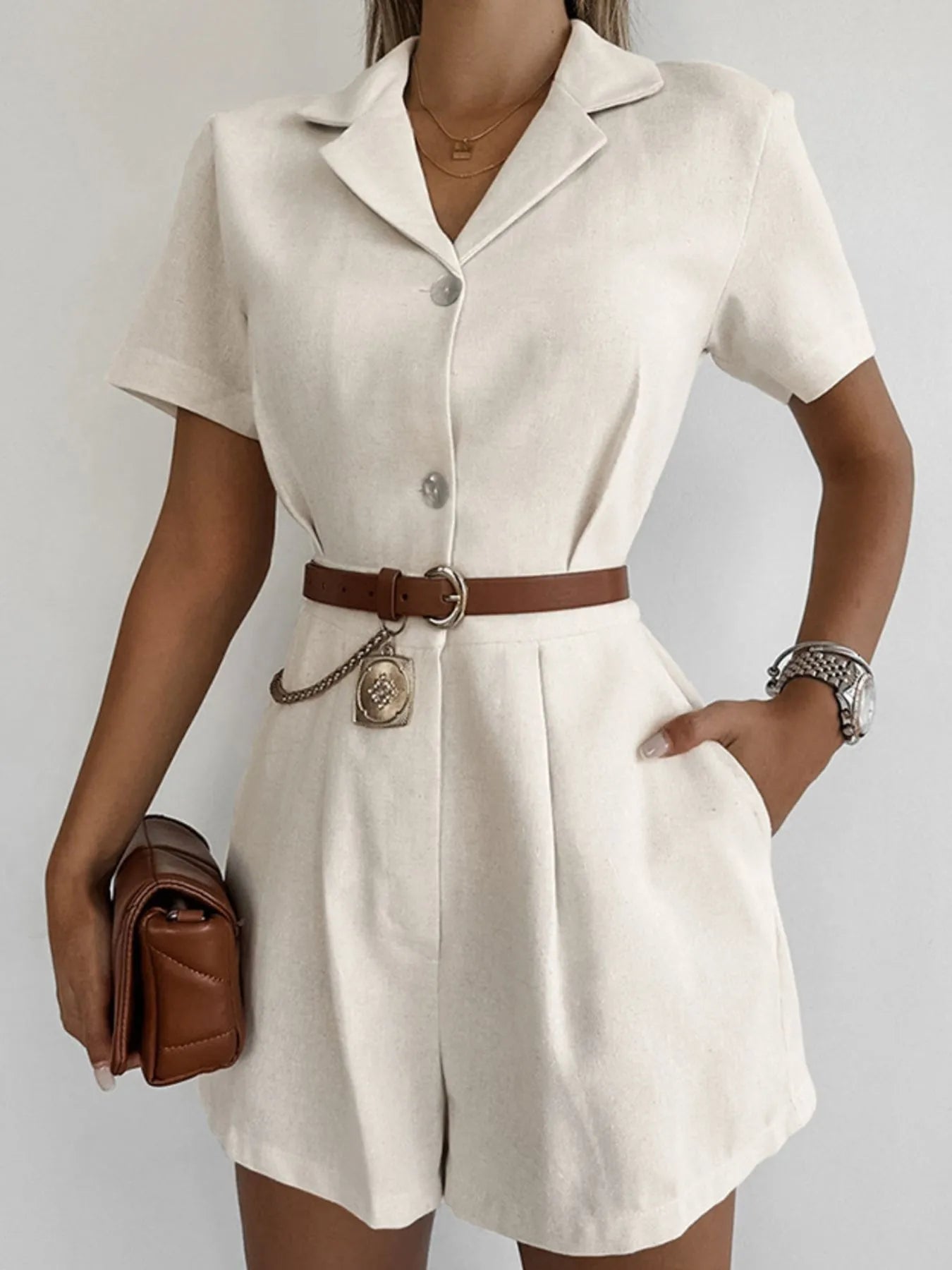 Button-Front Short Sleeve Romper in Beige