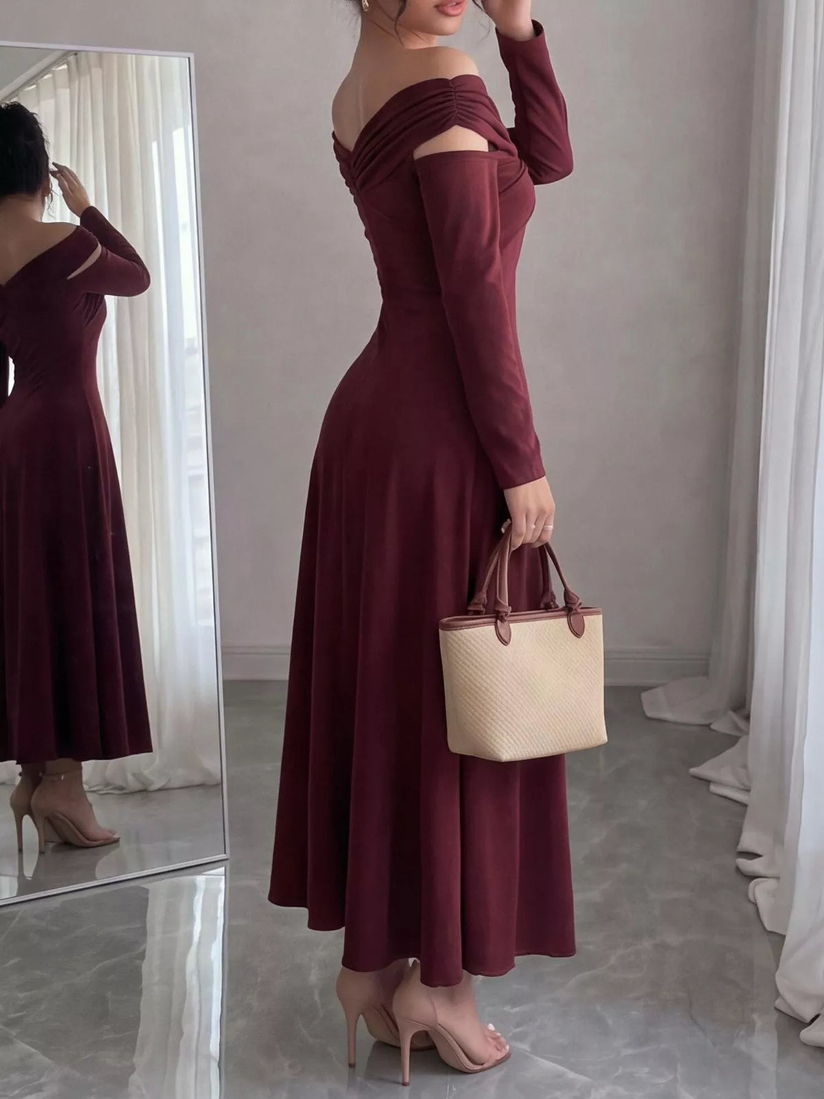Ruched Off-Shoulder Long-Sleeve Maxi Dress in Burgundy