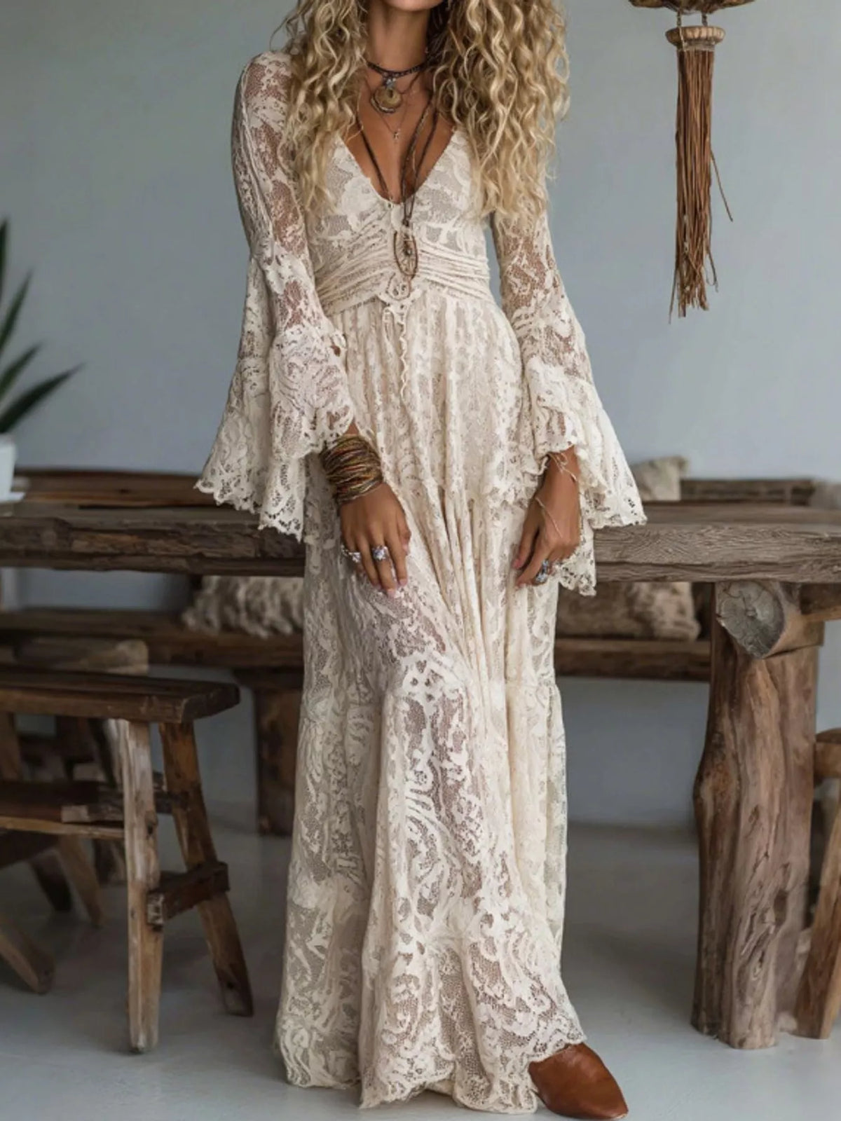 Ruched Lace V-Neck Maxi Dress