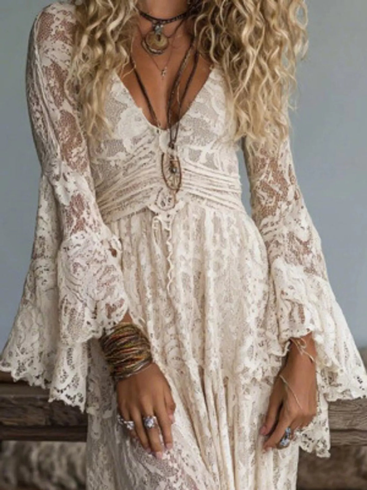 Ruched Lace V-Neck Maxi Dress