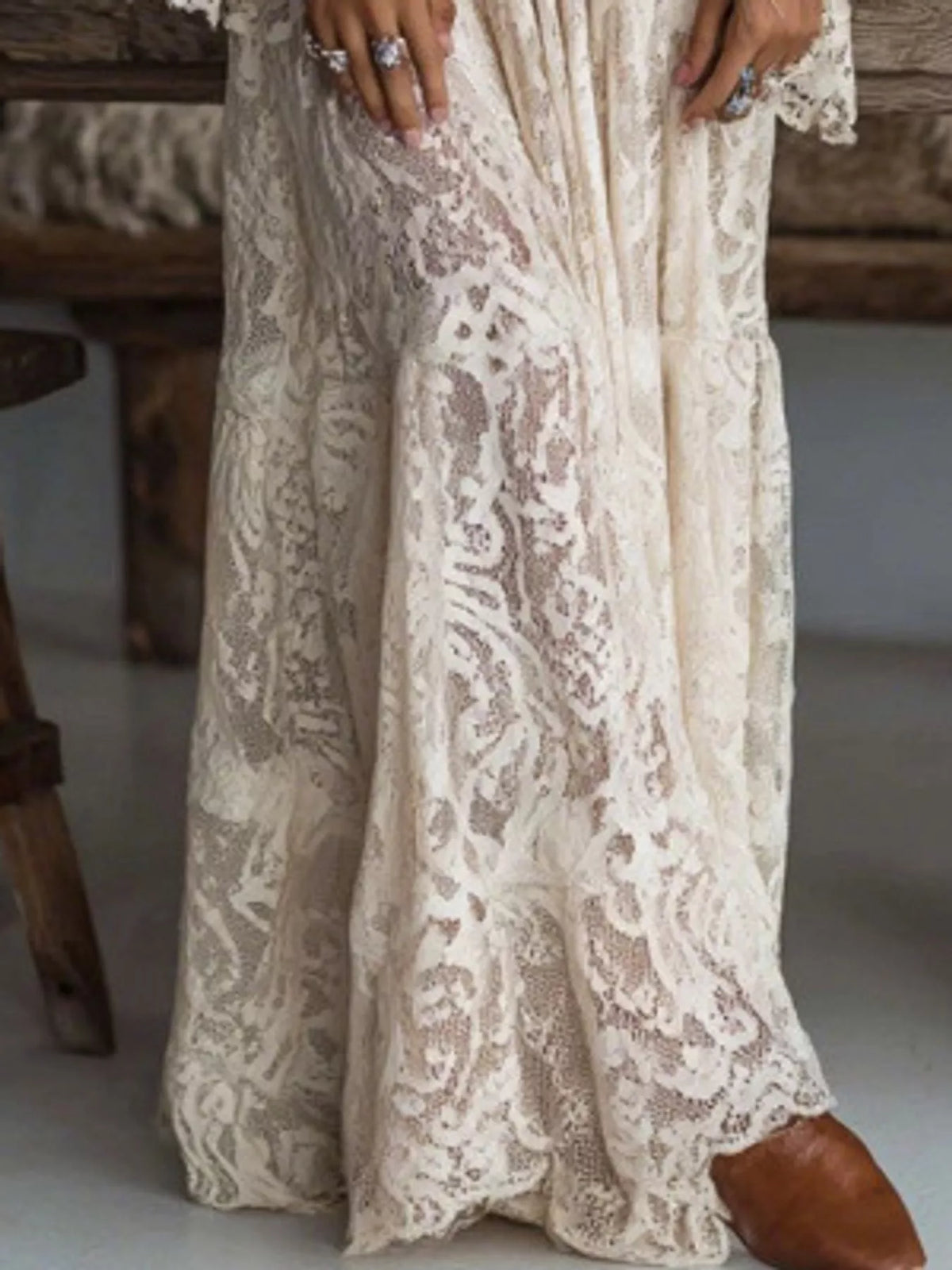 Ruched Lace V-Neck Maxi Dress