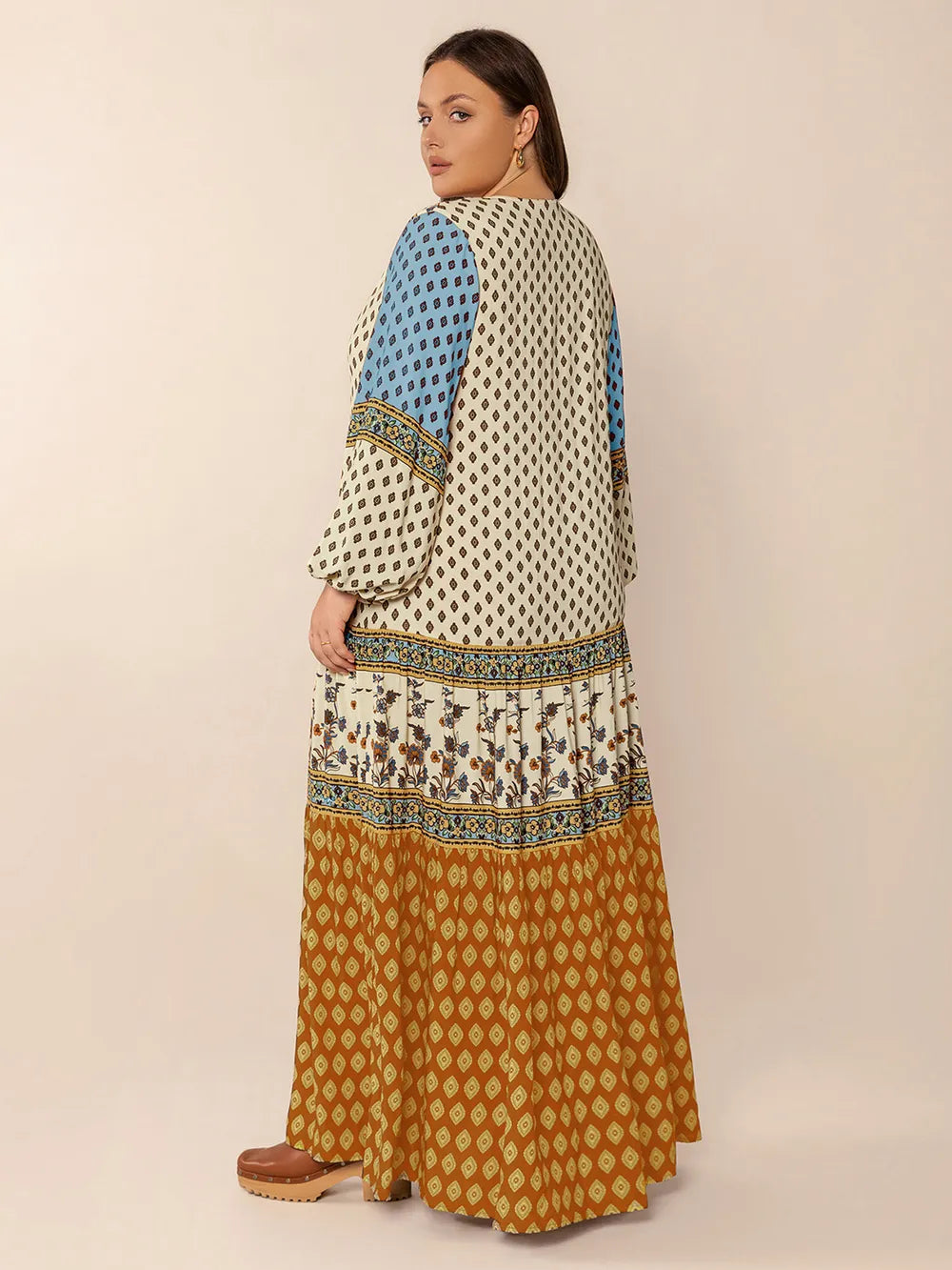 Printed V-Neck Balloon Sleeve Maxi Dress in Camel