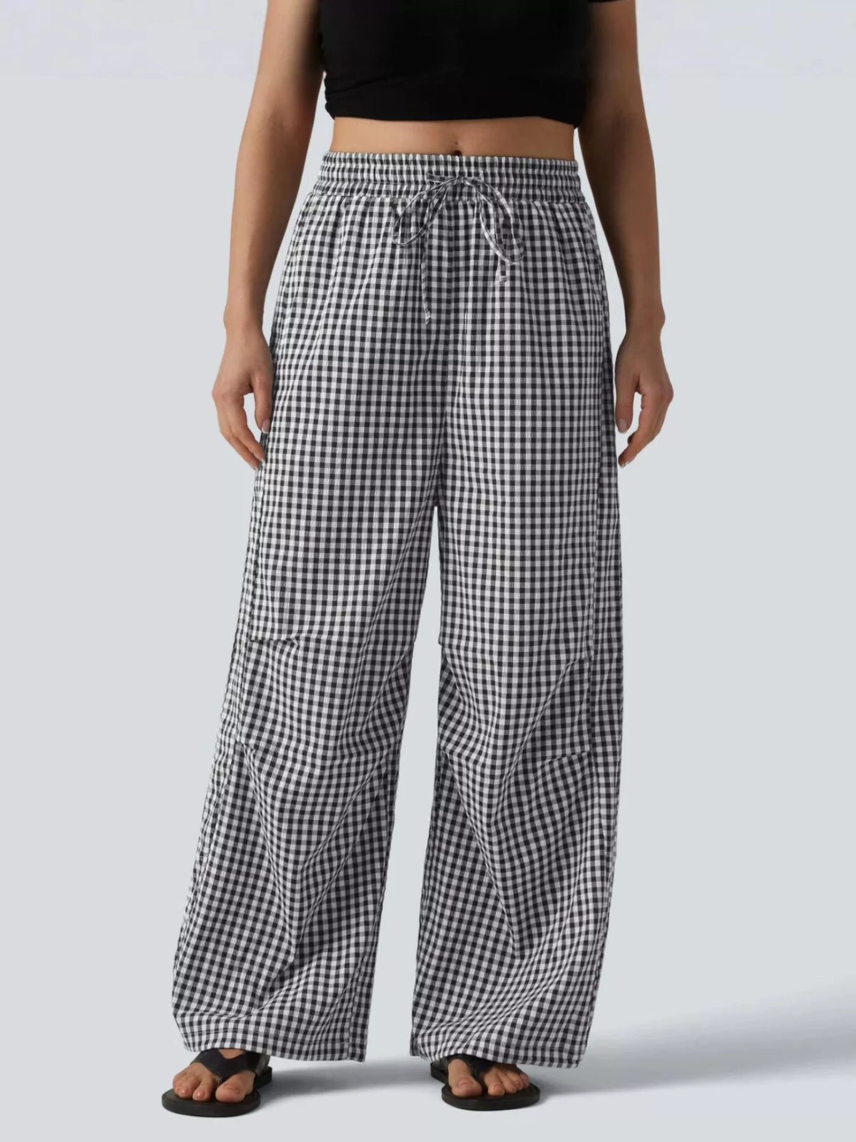 High-Waisted Gingham Drawstring Wide-Leg Pants