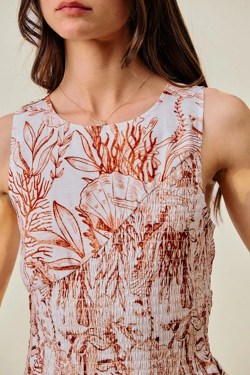 So Me Shell Print Smocked Mini Dress in Taupe