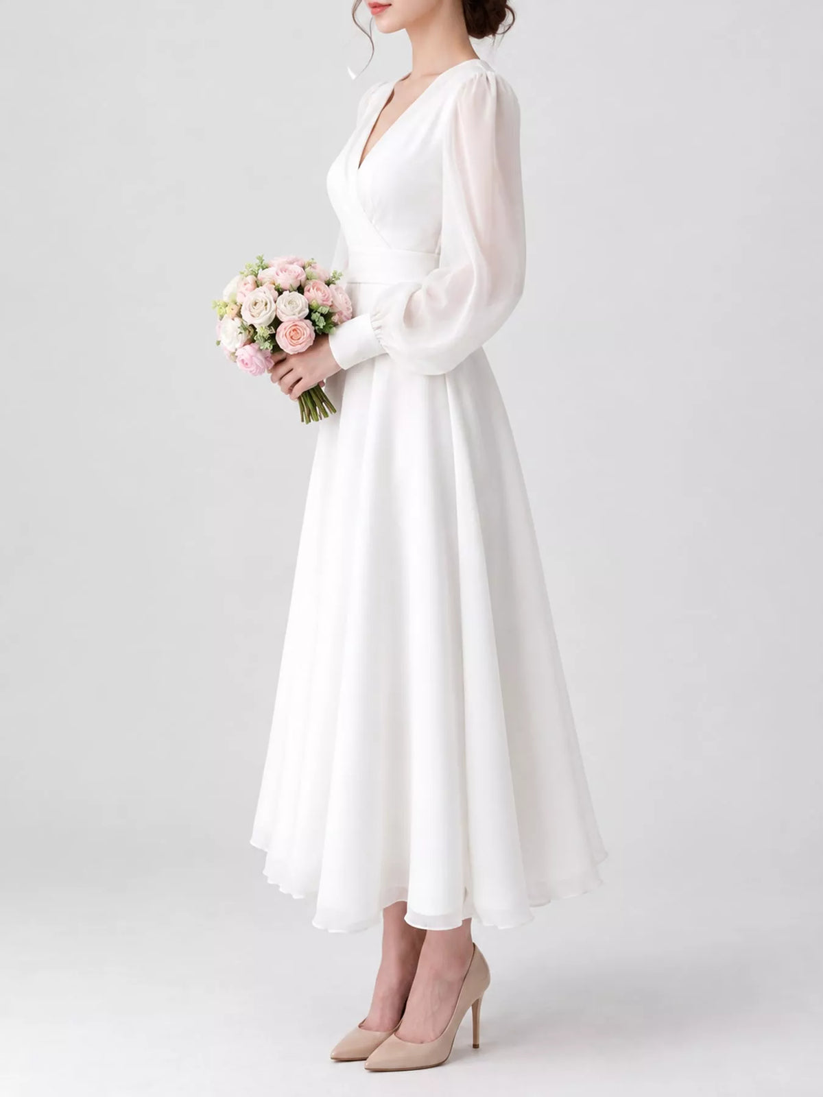 Surplice Lantern Sleeve Midi Dress in White