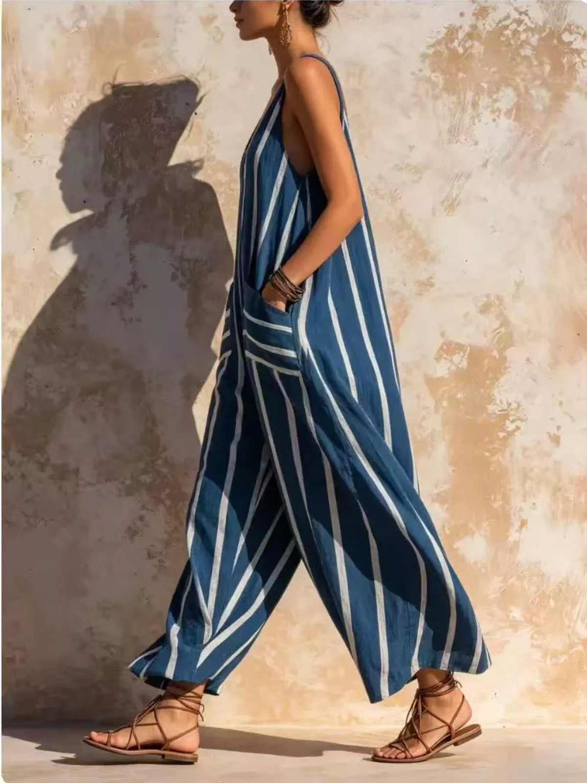 Striped V-Neck Sleeveless Wide-Leg Jumpsuit